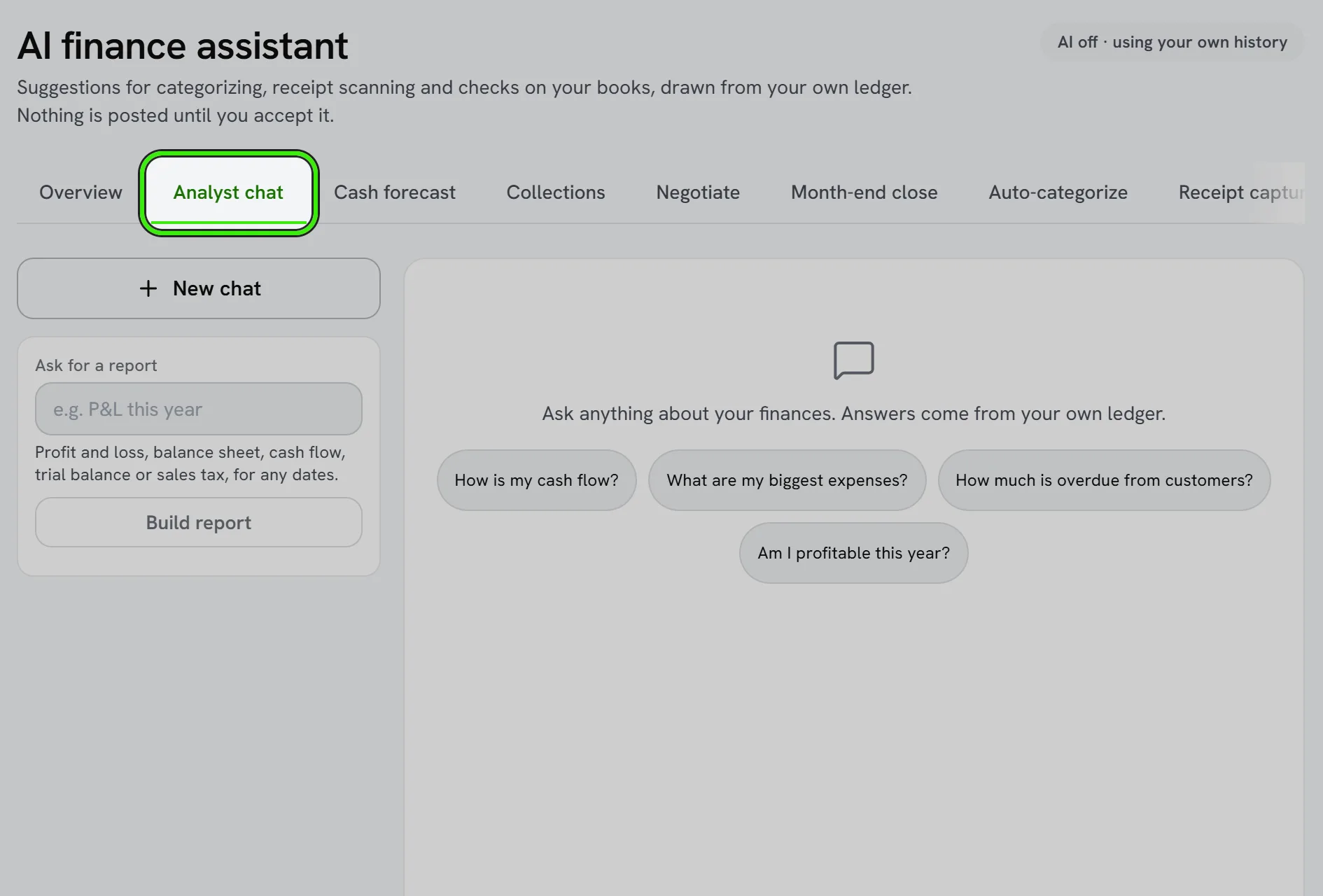 Accounting → AI Finance, Analyst chat tab ringed: suggested questions — how is my cash flow, what are my biggest expenses, how much revenue this month — and a box to ask your own.