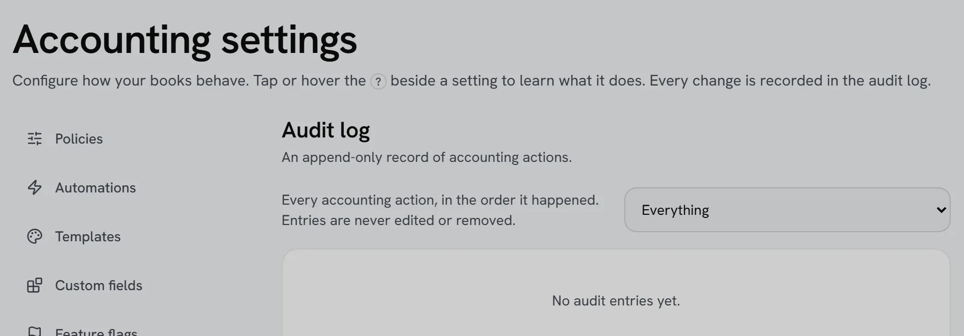 Accounting settings with Audit log ringed: every accounting action in the order it happened, filterable by what it touched.