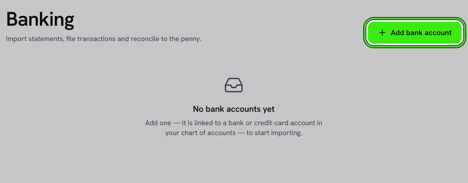 Accounting → Banking with no bank accounts yet, and Add bank account ringed.