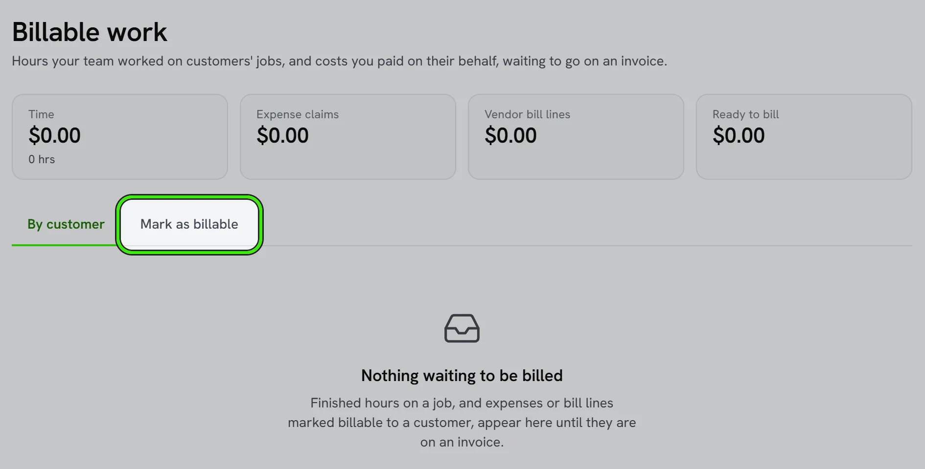 Accounting → Billable Work: totals for billable time, expense claims, vendor bill lines and what is ready to bill, the By customer tab, and the Mark as billable tab ringed.
