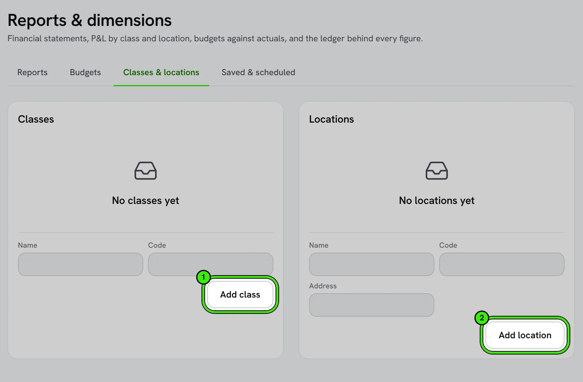 Reports & dimensions, Classes & locations tab: classes and locations side by side, with Add class ringed as 1 and Add location ringed as 2.
