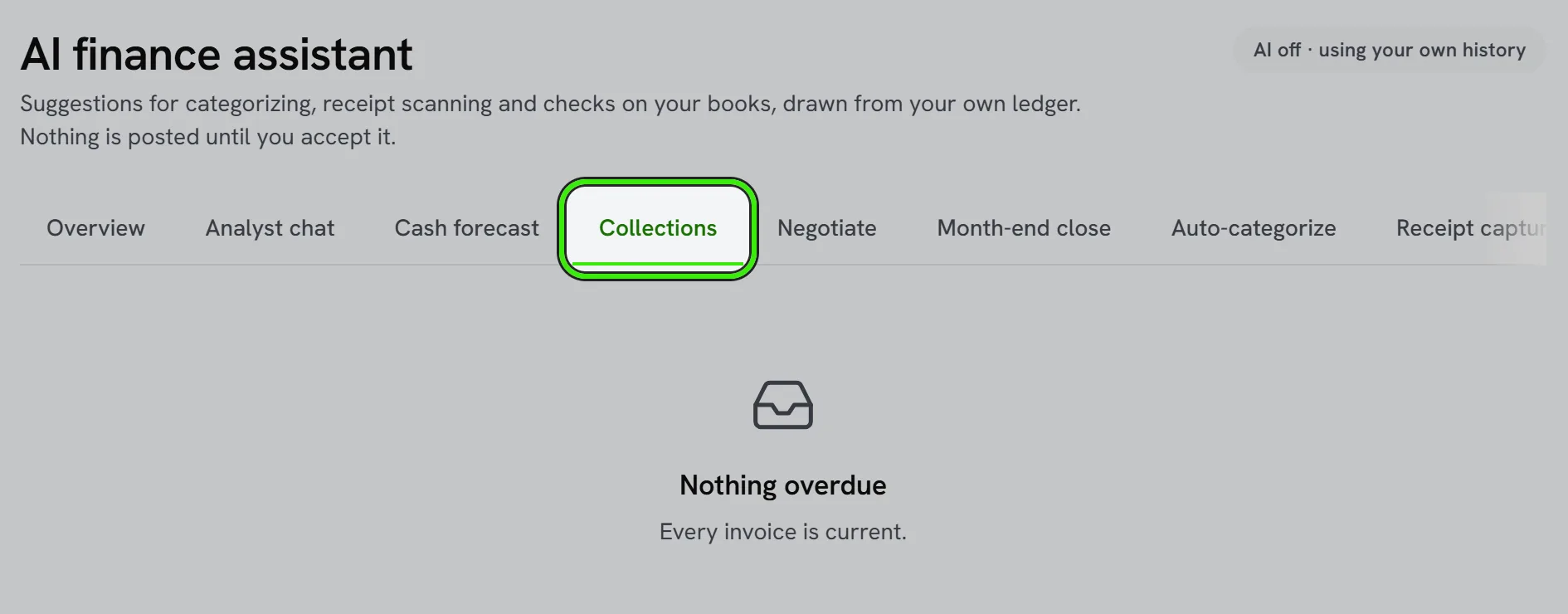 AI Finance, Collections tab ringed: nothing overdue, every invoice current.