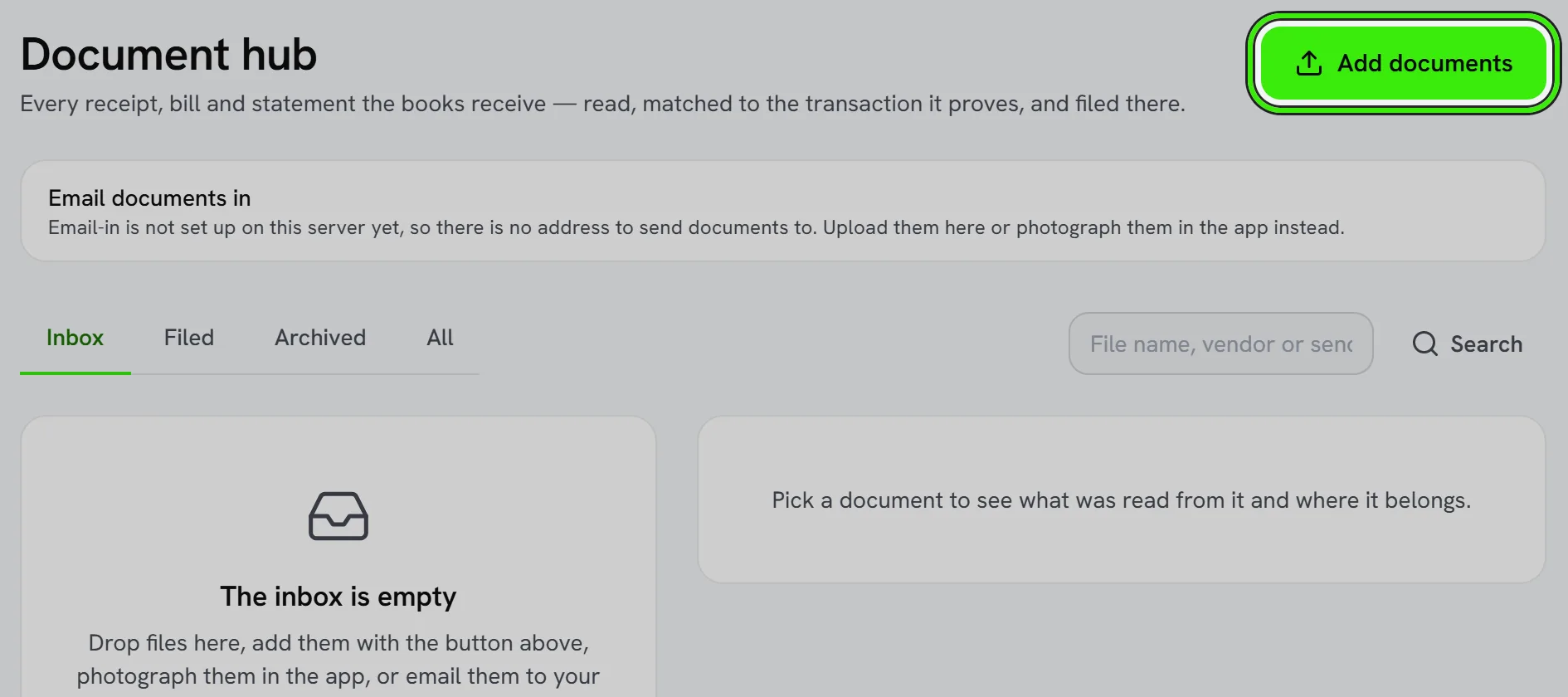Accounting → Document hub: Add documents ringed, how to email documents in, and the inbox, filed, archived and all tabs over an empty inbox.