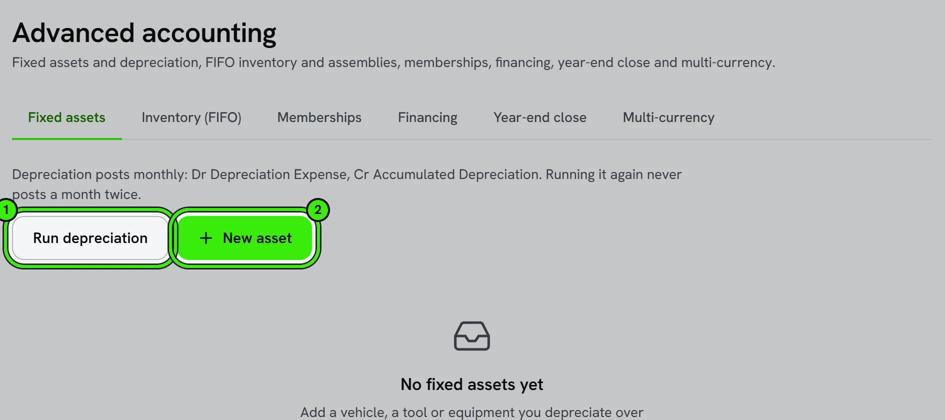 Accounting → Advanced, Fixed assets tab: how depreciation posts, Run depreciation ringed as 1 and New asset ringed as 2.