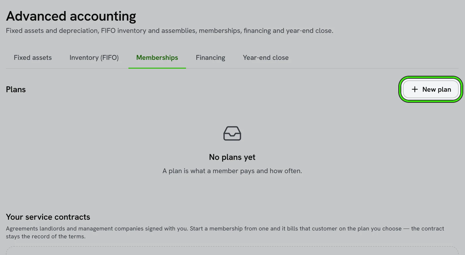 Advanced, Memberships tab: the plans list with New plan ringed, and the members below, billed every month.