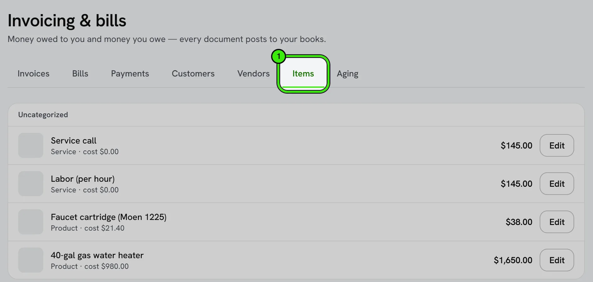 Invoicing & bills, Items tab ringed as 1: a service call, hourly labor, a faucet cartridge and a 40-gallon water heater, each with its cost and price, and Add item ringed as 2.