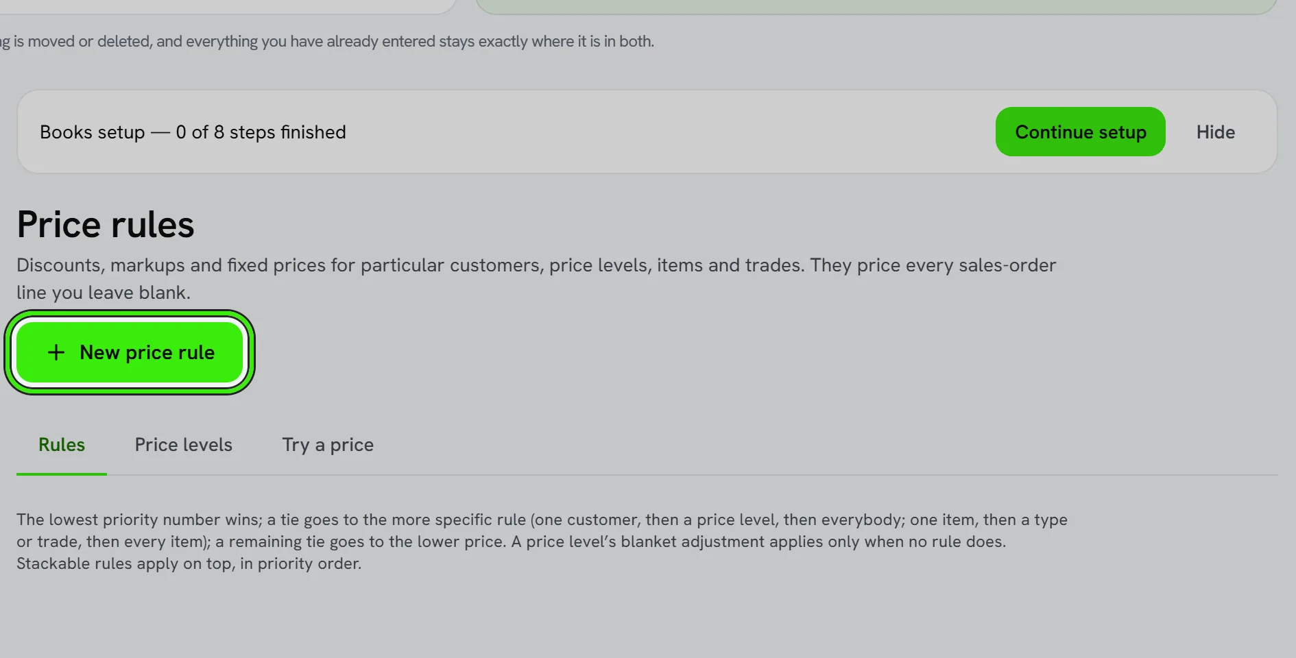 Accounting → Price Rules: New price rule ringed, the Rules, Price levels and Try a price tabs, and no rules yet — every item is priced at its own rate.