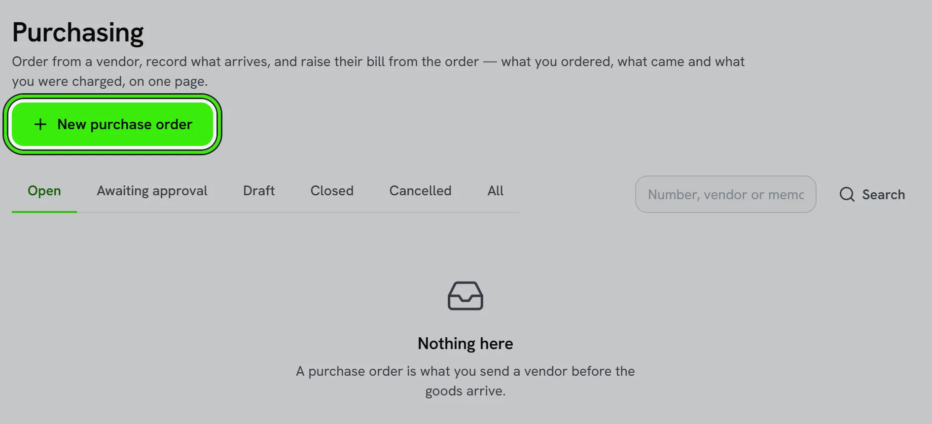 Accounting → Purchasing: New purchase order ringed, above the open, awaiting approval, draft, closed, canceled and all filters.