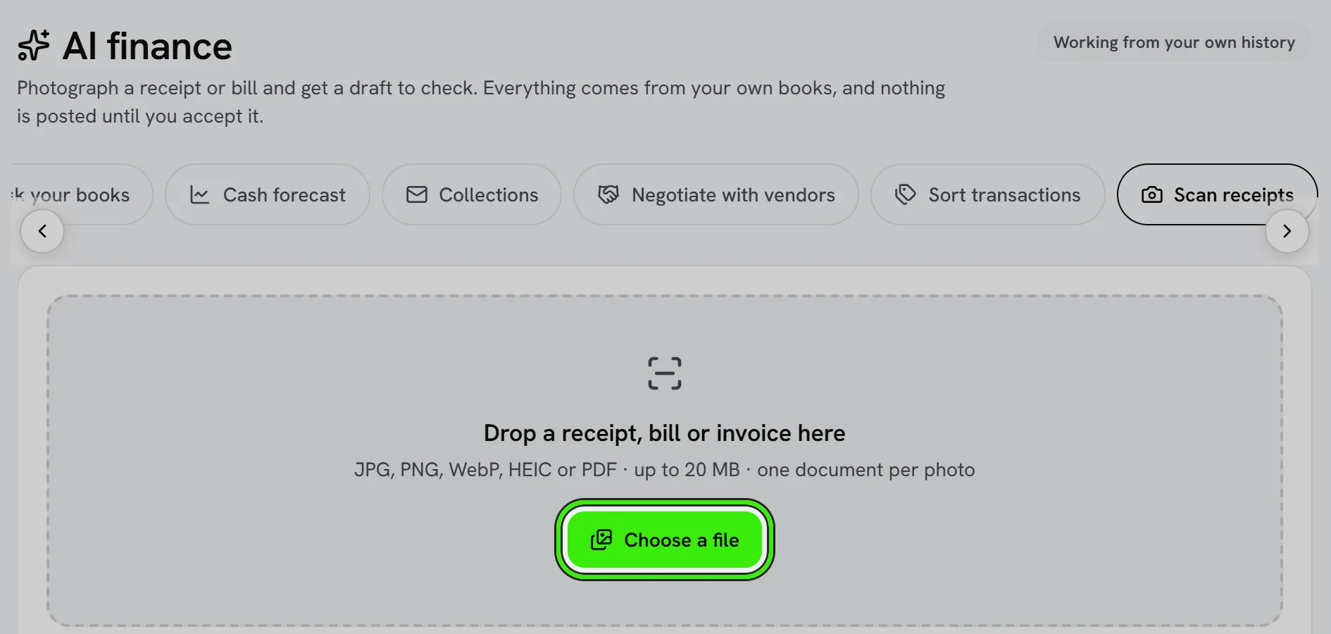 AI Finance, Scan receipts: drop a receipt, bill or invoice here — PNG, JPEG, WebP, HEIC or PDF up to 20 MB — with Choose a file ringed.