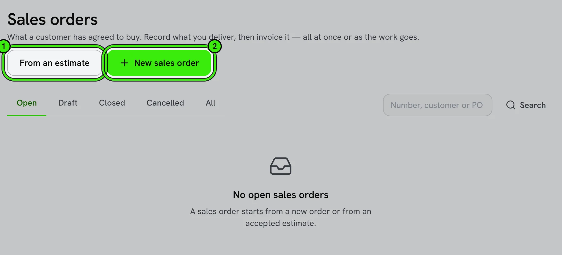 Accounting → Sales Orders: From an estimate ringed as 1 and New sales order ringed as 2, above the open, draft, closed, canceled and all filters.