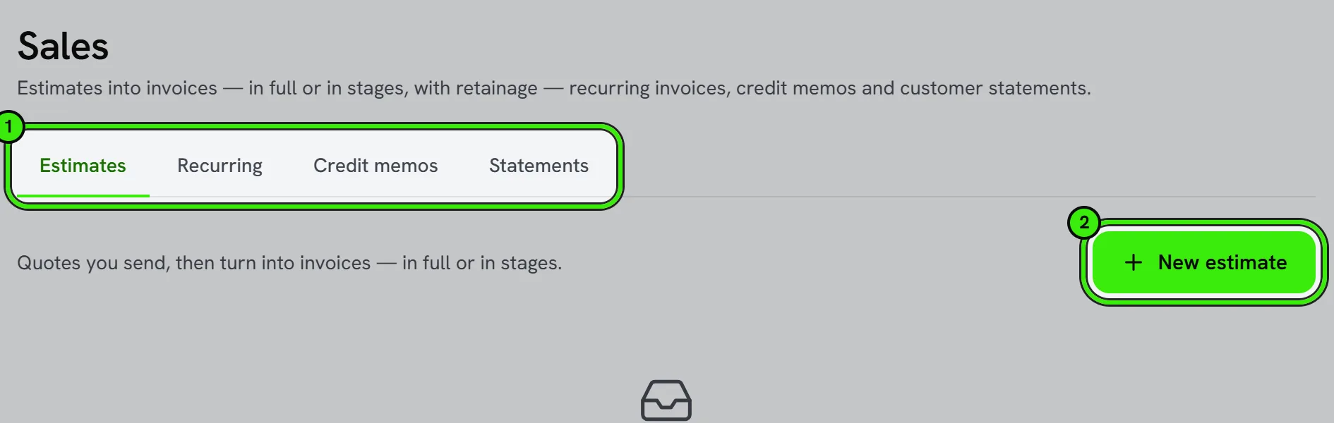 Accounting → Sales & Estimates: the Estimates, Recurring, Credit memos and Statements tabs ringed as 1, and New estimate ringed as 2.