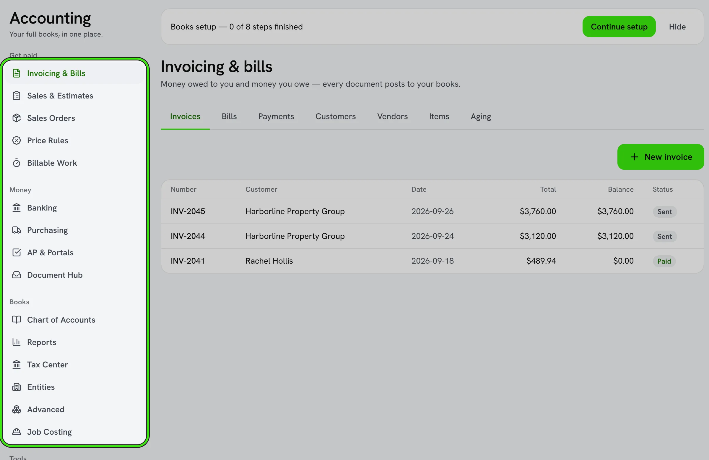 Finance → Accounting: the sections down the side — invoicing and bills, sales and estimates, sales orders, price rules, billable work, banking, purchasing, AP and portals, the document hub, the chart of accounts, reports, the tax center, entities, advanced and job costing — ringed, beside Invoicing & bills.