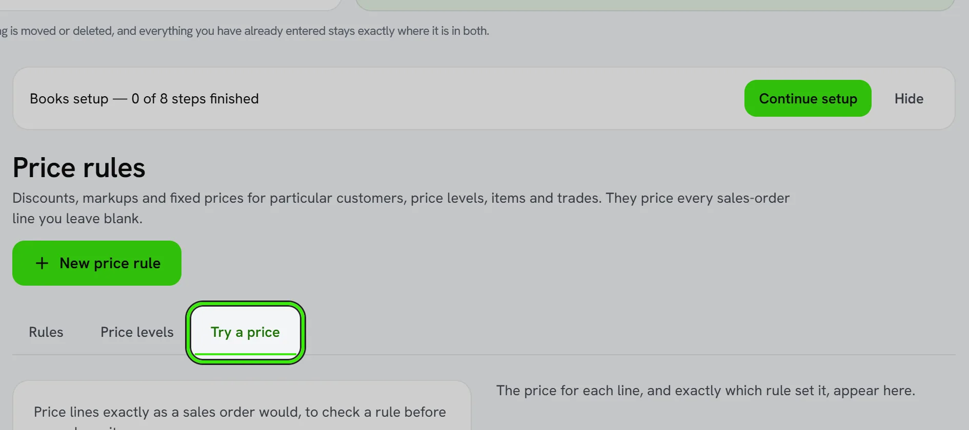 Price Rules, Try a price tab ringed: pick a customer, a date and the lines, and see the price each would get and which rule set it.