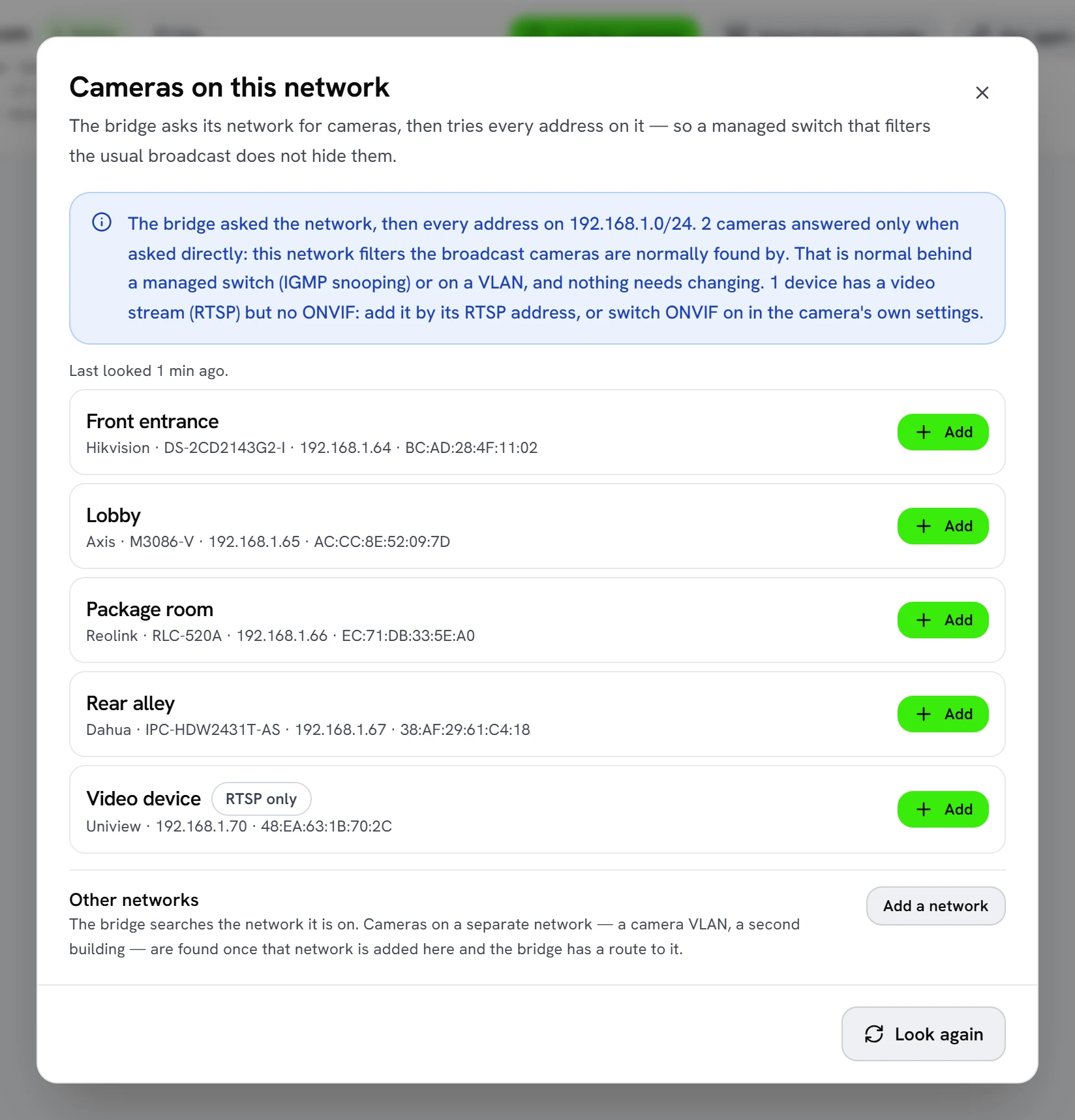 The “Cameras on this network” dialog: a note that two cameras answered only when asked directly and one device has a video stream but no ONVIF, then five devices the bridge found — Front entrance, Lobby, Package room, Rear alley and a Uniview device marked “RTSP only” — each with its make, model and network address, and an “Other networks” section below.
