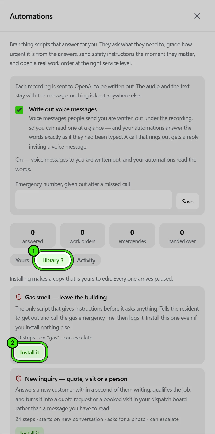 Messages → Automations, Library tab ringed as 1: ready-made scripts such as Gas smell — leave the building and New inquiry — quote, visit or a person, each with what it does, its number of steps and what starts it, and the first Install button ringed as 2.