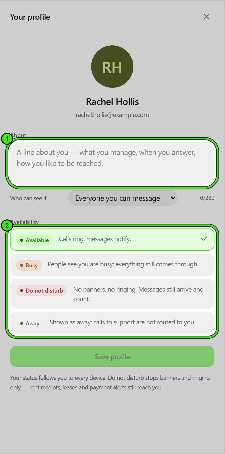 The Your profile sheet: the about line ringed as 1 with who can see it, and the four availability choices — Available, Busy, Do not disturb and Away, each with what it means — ringed as 2, above Save profile.