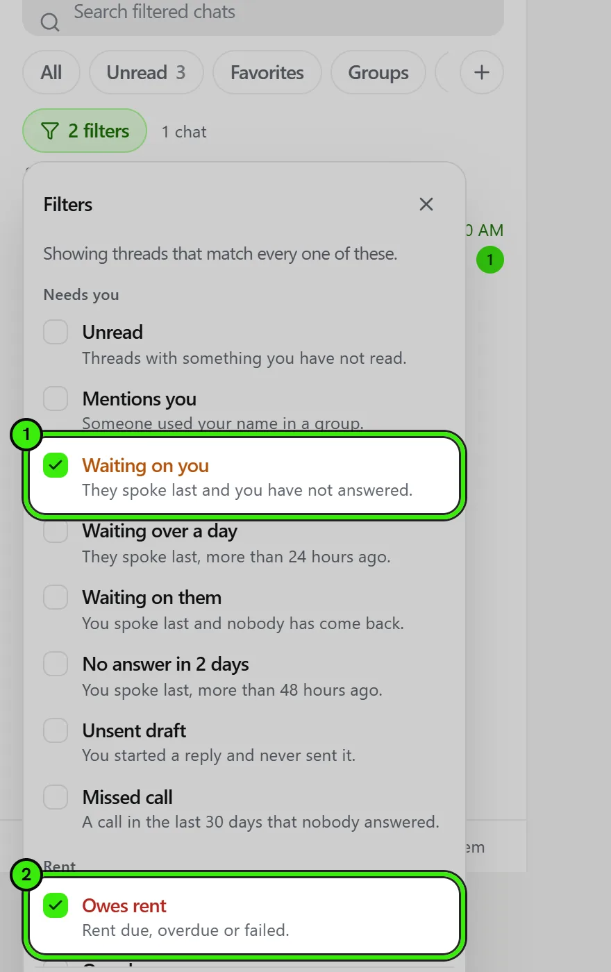 The Filters panel over the conversation list, with Waiting on you checked and ringed as 1 and Owes rent checked and ringed as 2; the list behind it shows how many filters are applied and how many conversations match.