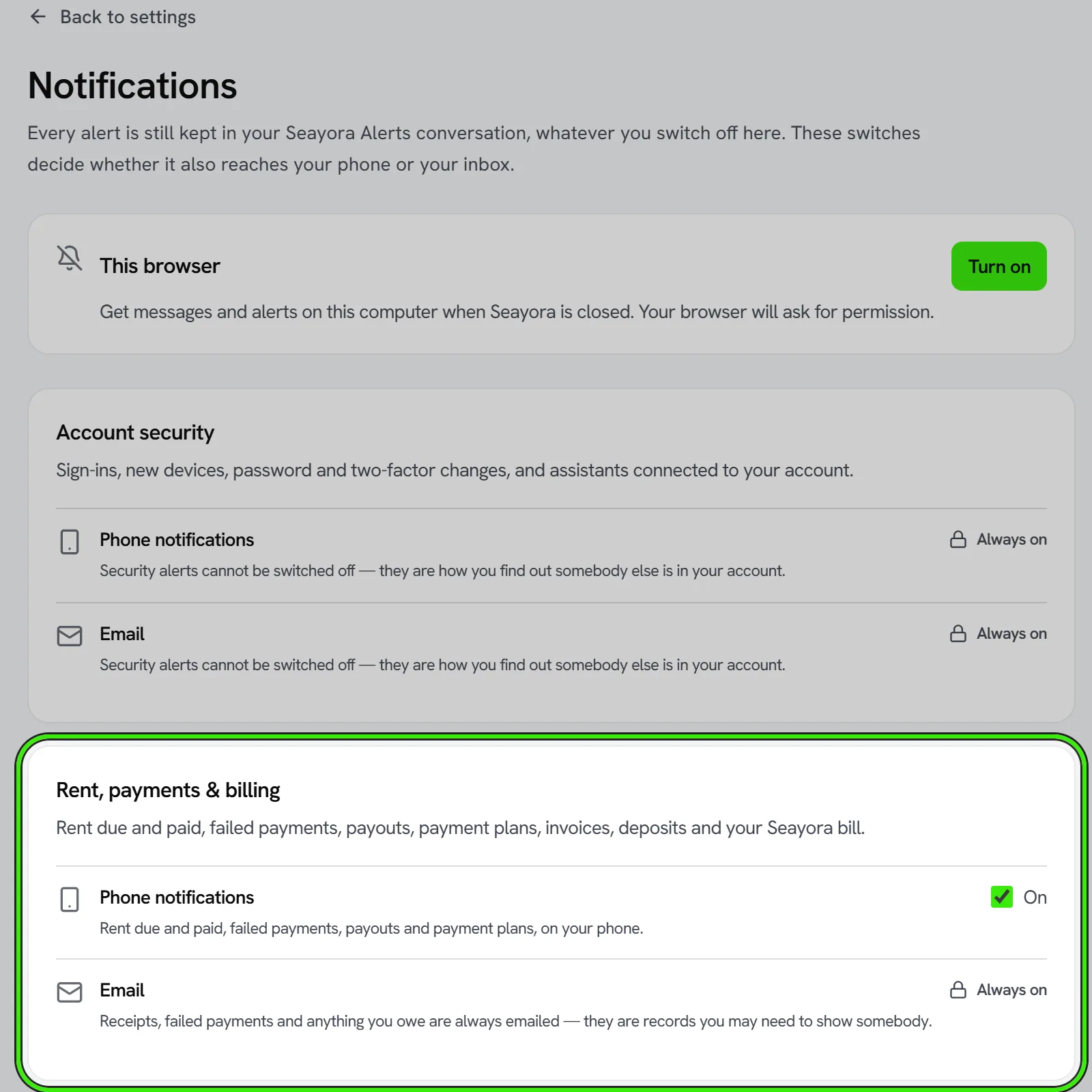 Settings → Notifications: each kind of alert with a switch for phone notifications and for email; for Rent, payments & billing (ringed), phone notifications are on and email is always on because receipts and anything owed are records.