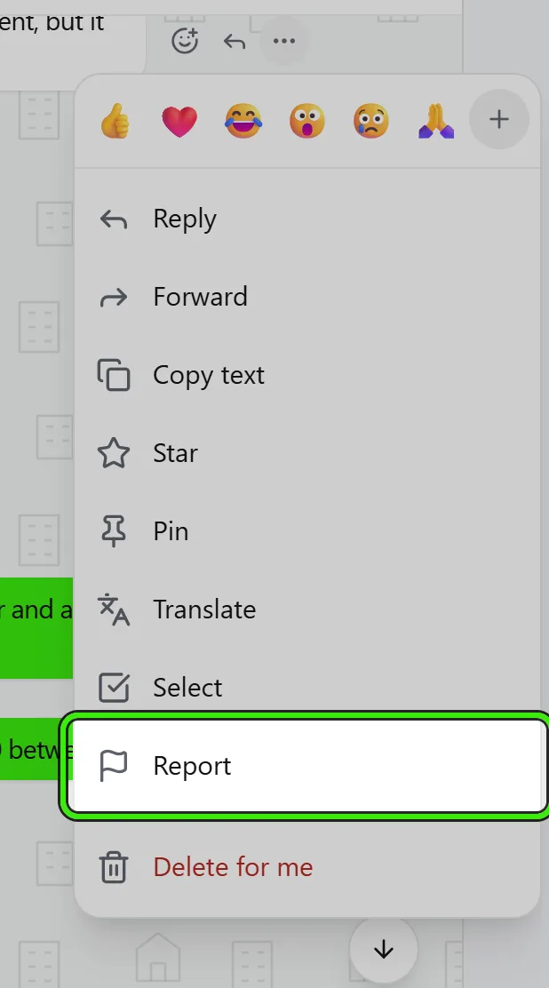 A message’s menu open in a conversation: reactions, then Reply, Forward, Copy text, Star, Pin, Translate, Select and Report (ringed), with Delete for me at the bottom.