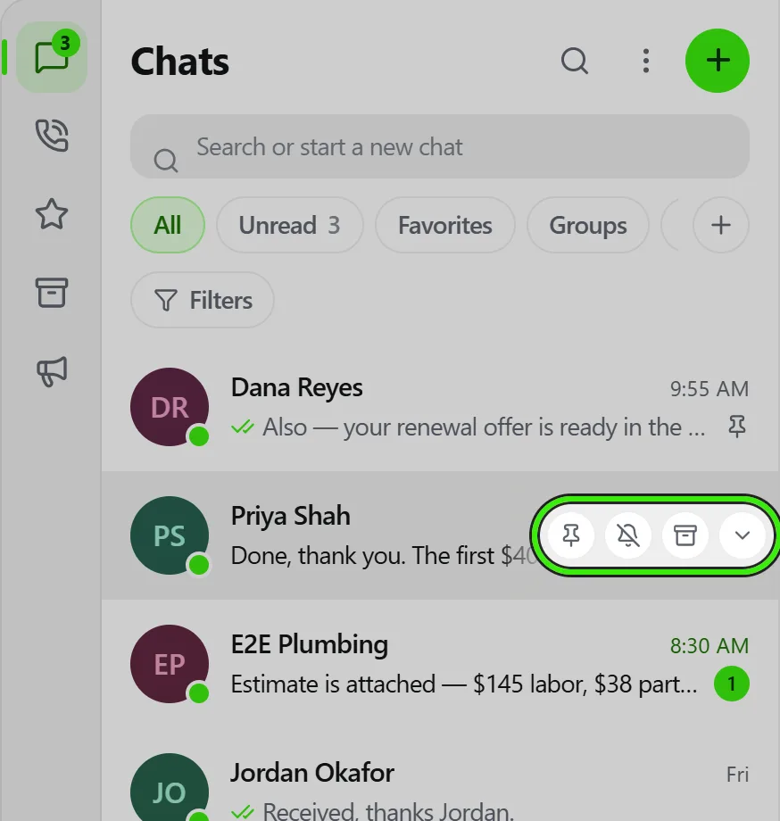 The conversation list with the pointer over Priya Shah’s row, which shows its Pin, Mute, Archive and menu buttons, ringed.