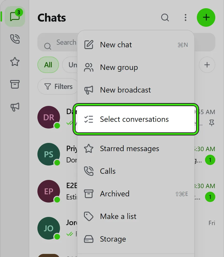 The ⋮ menu beside Chats, open, listing New chat, New group, New broadcast, Select conversations (ringed), Starred messages, Calls, Archived, Make a list, Storage, Blocked and Settings.
