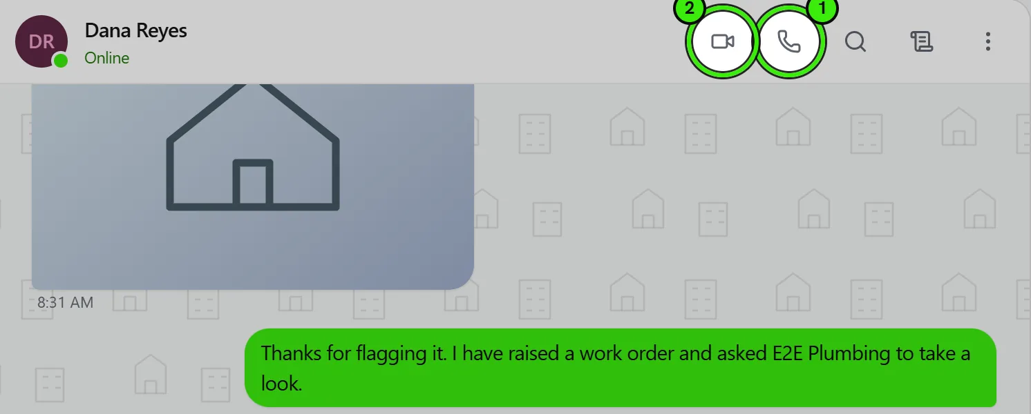The header of a conversation with Dana Reyes, marked Online, with the voice call button ringed as 1 and the video call button ringed as 2.