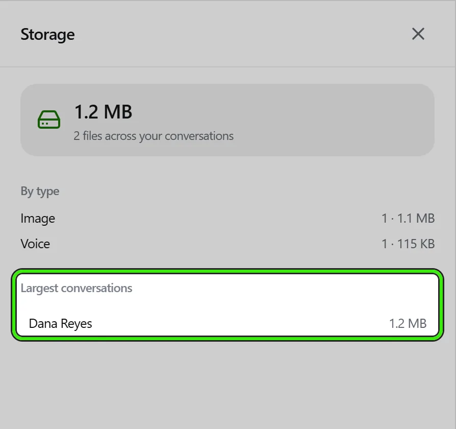Messages → Storage: how much your messages hold and in how many files, the split by type (images and voice notes), and the largest conversations ringed.