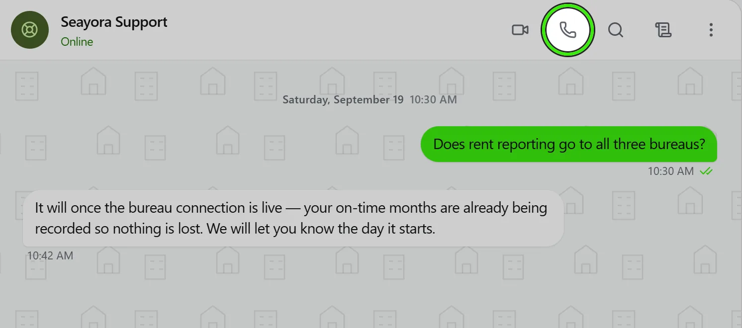 A tenant’s Seayora Support conversation open in Messages — a question about rent reporting and the support team’s answer — with the voice call button in its header ringed.