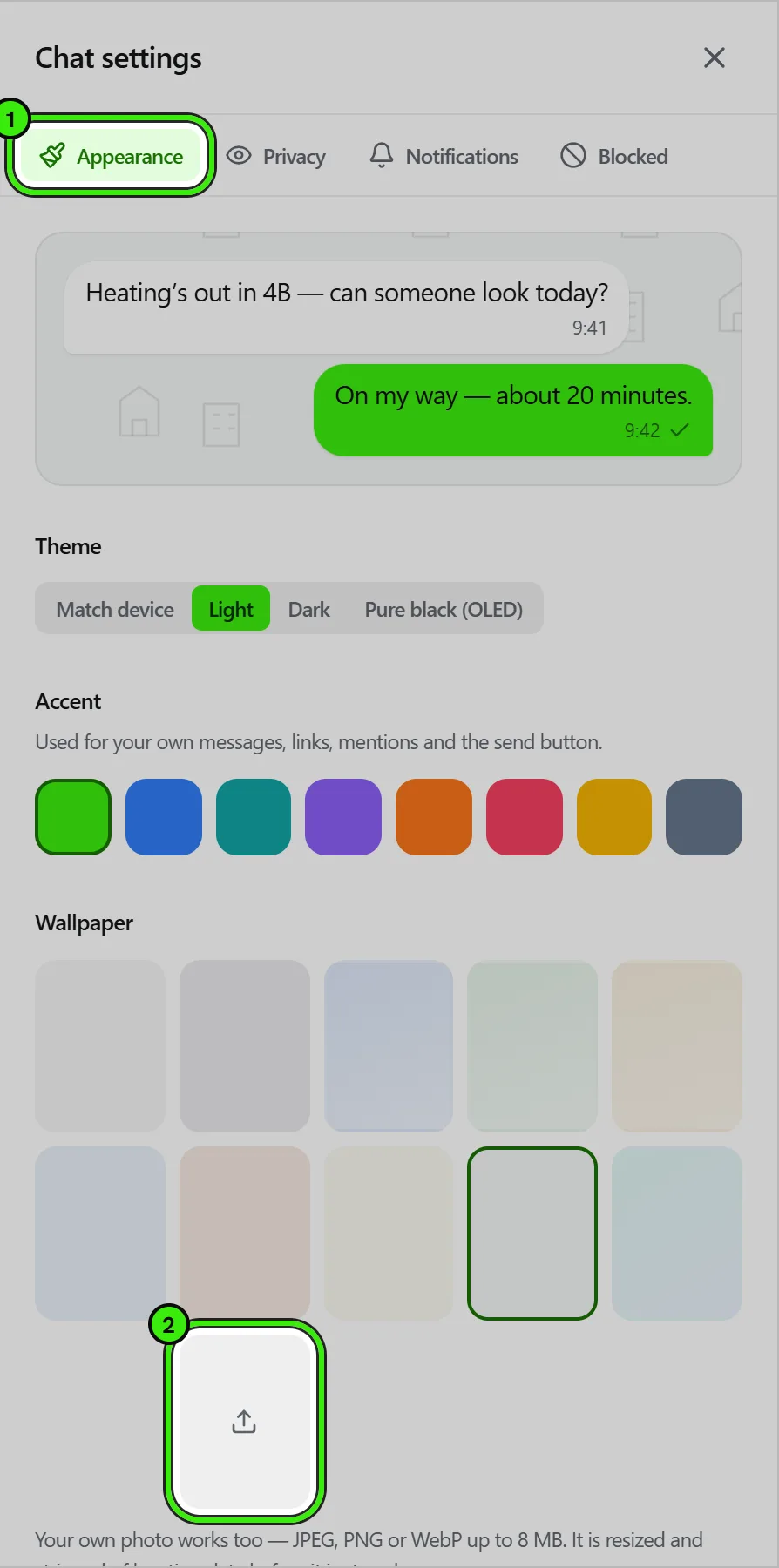 Chat settings, Appearance ringed as 1: a preview of your bubbles, the theme and accent choices, the built-in wallpapers and the upload tile for your own photo ringed as 2.