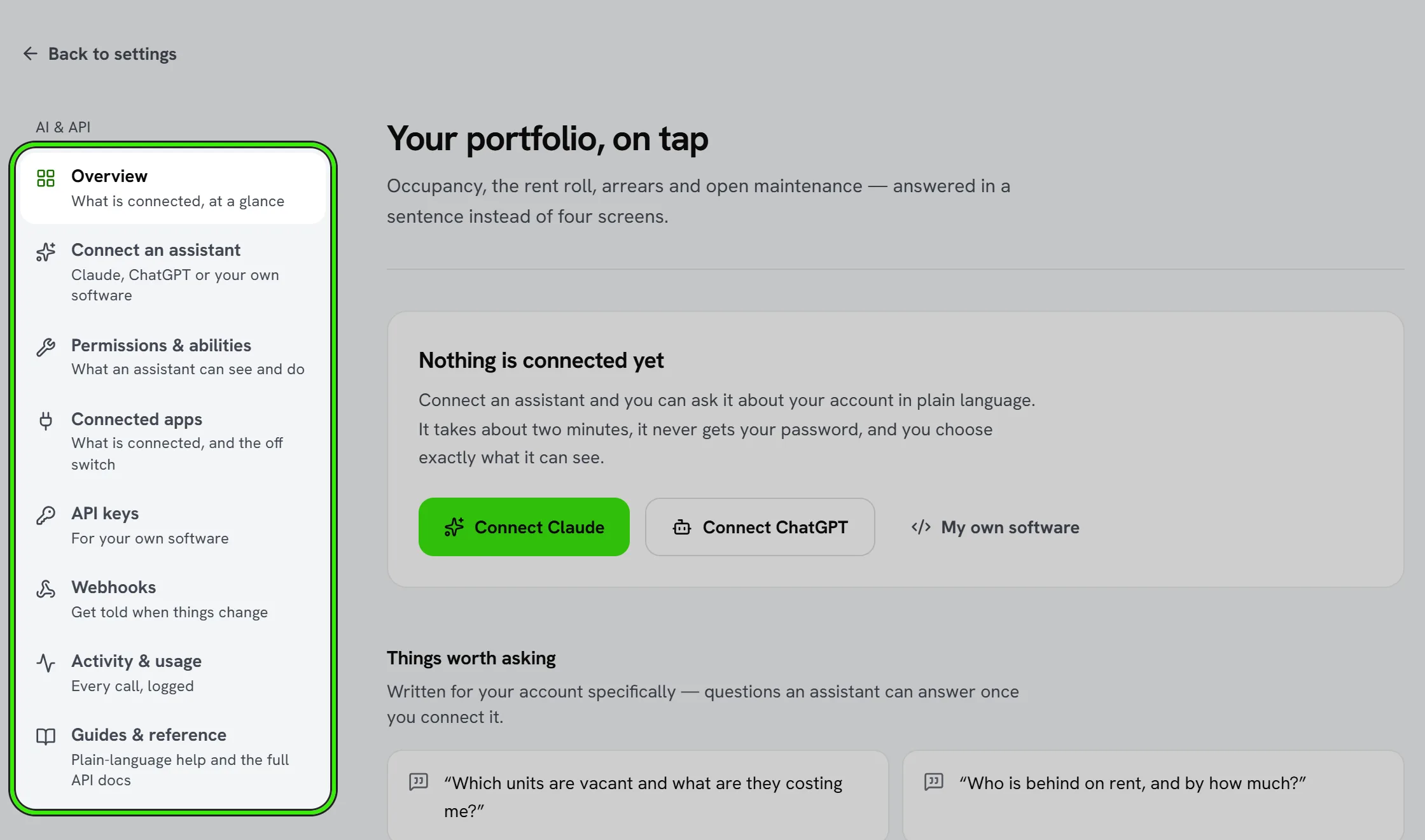 Settings → AI & integrations: the sections down the side — overview, connect an assistant, permissions and abilities, connected apps, API keys, webhooks, activity and usage, guides and reference — ringed, beside the overview with nothing connected yet.