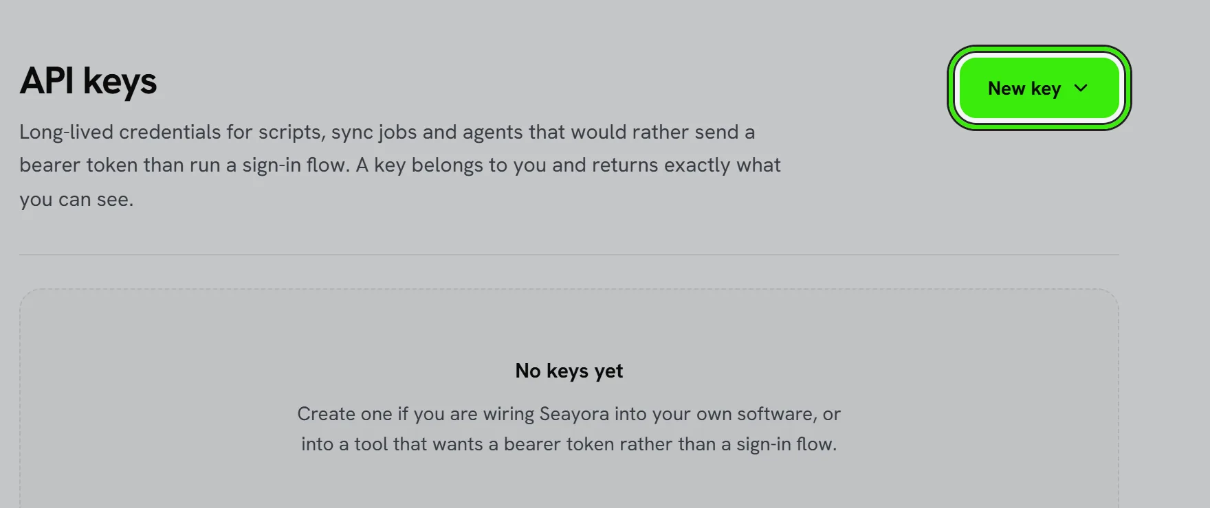 Settings → AI & integrations → API keys: what a key is for, no keys yet, how to use one, and the New key button ringed.
