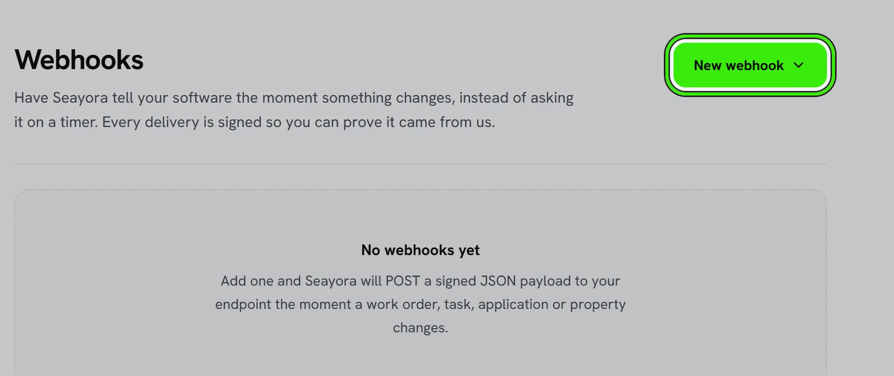 Settings → AI & integrations → Webhooks: what a webhook does, none yet, how to verify a delivery, and the New webhook button ringed.