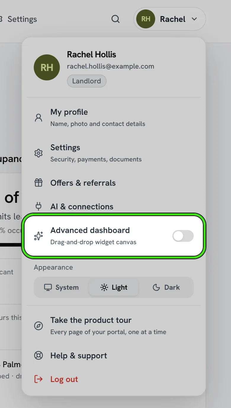 The account menu open from the top right of the portal, with the Advanced dashboard switch — “Drag-and-drop widget canvas” — ringed.