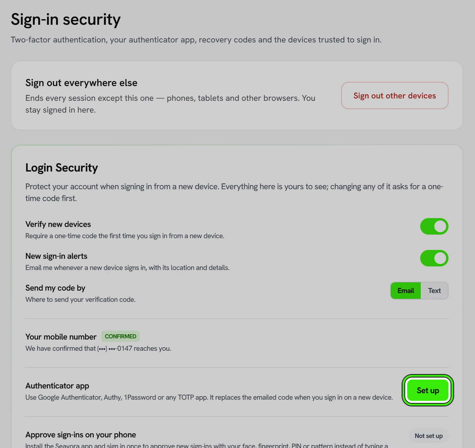 Settings, Sign-in security: Sign out other devices; then Login Security with switches for Verify new devices and New sign-in alerts, where to send your code, your confirmed mobile number, and Authenticator app with its Set up button ringed.