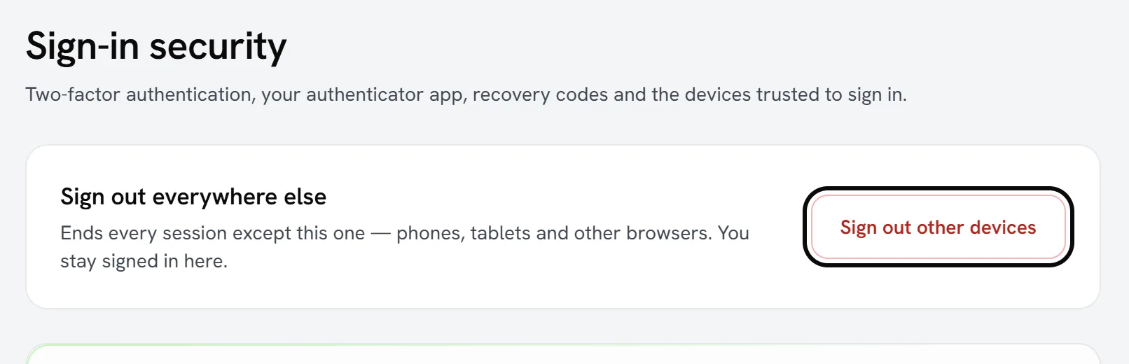Sign-in security in Seayora, with the Sign out other devices button outlined by Seayora’s own flash after an Alt and Shift click, and a note that the link to it was copied.