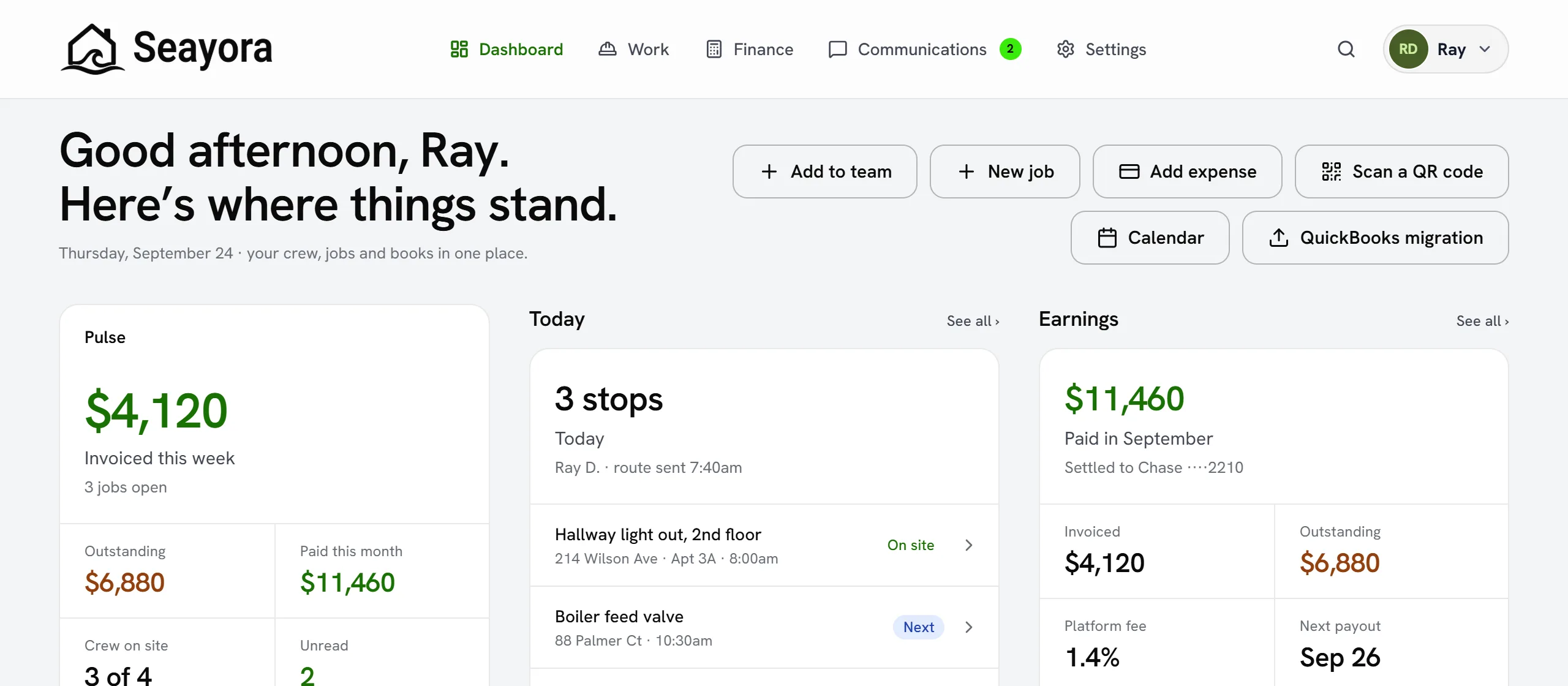 A service professional’s Seayora dashboard: tabs for Dashboard, Work, Finance, Communications and Settings, and the business’s jobs, invoices and cash at a glance.