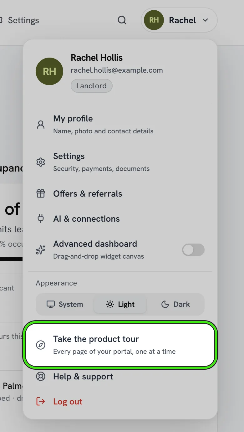 The account menu open from the top right of the portal, with “Take the product tour — every page of your portal, one at a time” ringed.