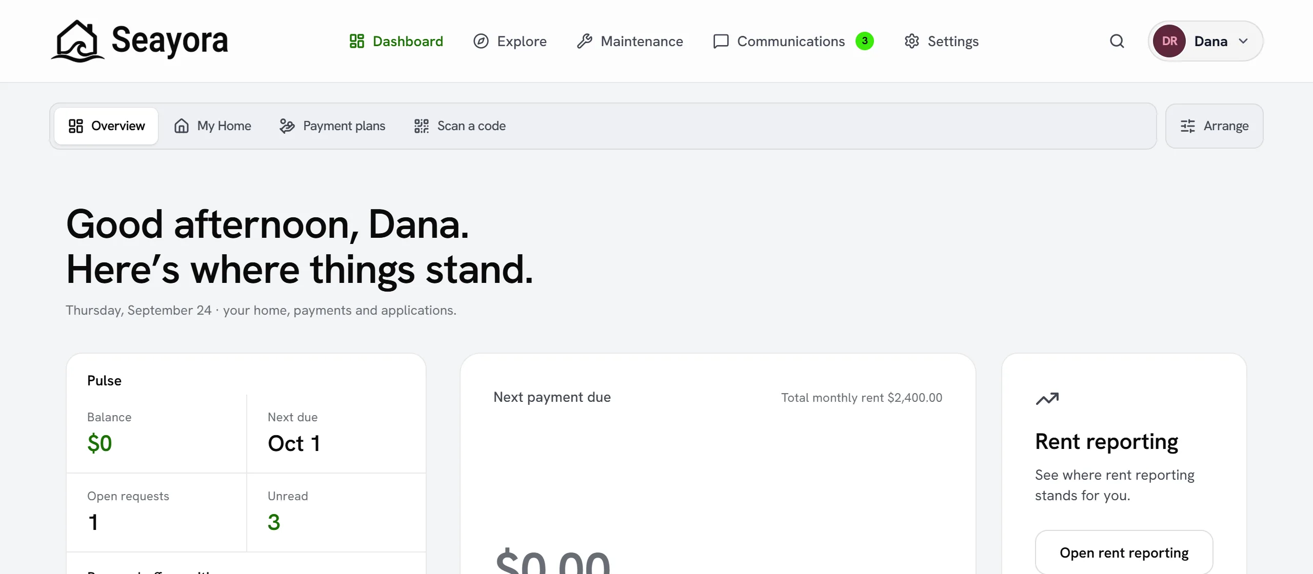 A renter’s Seayora dashboard: tabs for Dashboard, Explore, Maintenance, Communications and Settings; below them the balance, the next rent due date, open repair requests and the next payment.