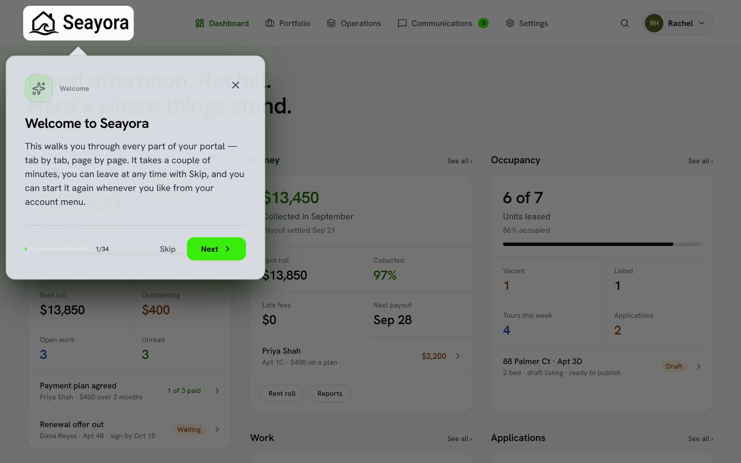 The guided tour running over a landlord’s dashboard: a card explains the part of the portal being highlighted, with Back, Next and Skip, and a step count.