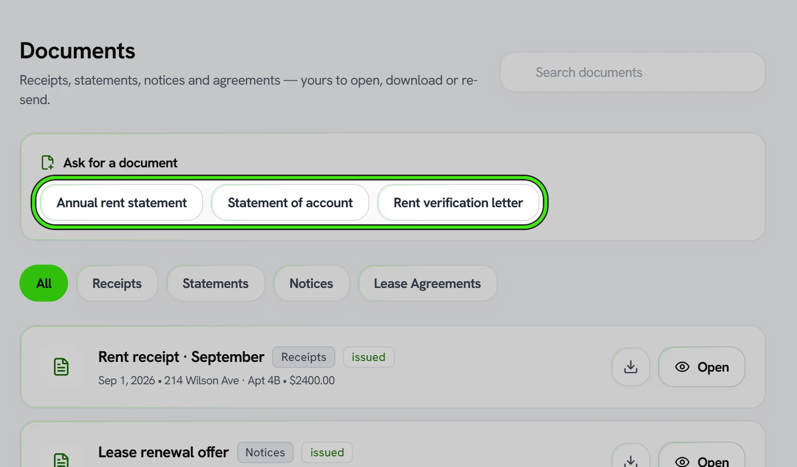 A resident’s Documents page: under “Ask for a document”, three buttons — Annual rent statement, Statement of account and Rent verification letter — ringed together, above the receipts and notices already issued.