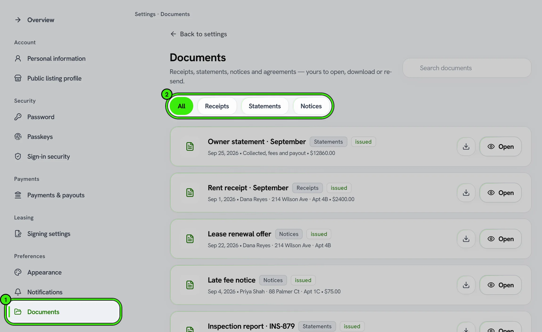 Settings, with Documents chosen in the left-hand menu and ringed as 1. The Documents page lists an owner statement, a rent receipt, a lease renewal offer, a late-fee notice and an inspection report, each with Download and Open; the All, Receipts, Statements and Notices filters are ringed as 2.