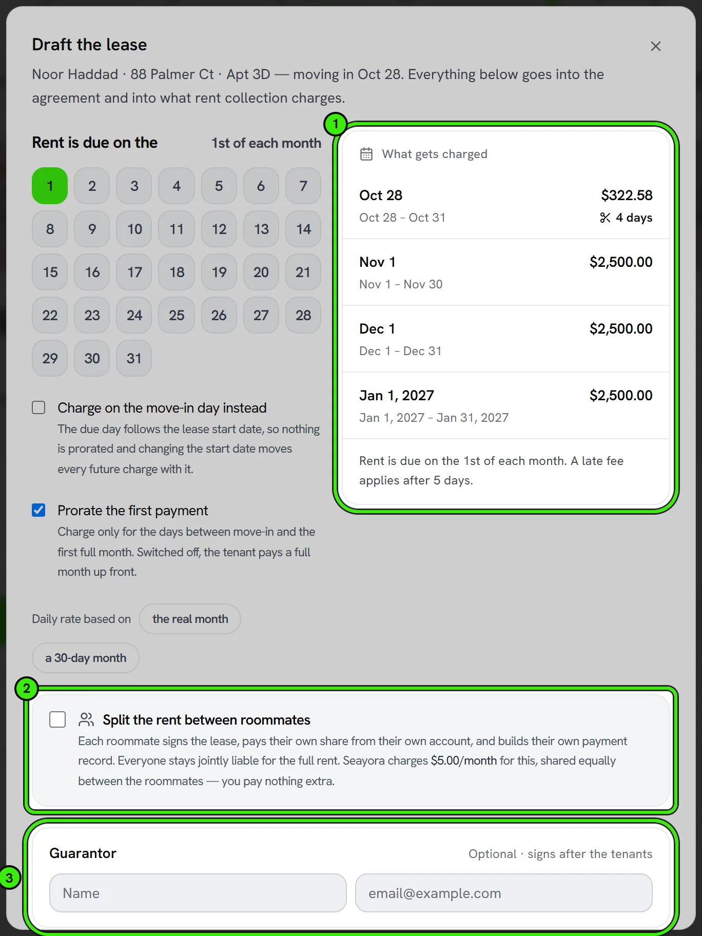 The Draft the lease dialog for Noor Haddad at 88 Palmer Ct, Apt 3D: a grid of days to choose when rent is due, the prorate and move-in-day options, the payments the lease will charge listed on the right and ringed as 1, the Split the rent between roommates option ringed as 2, and the optional Guarantor fields ringed as 3.