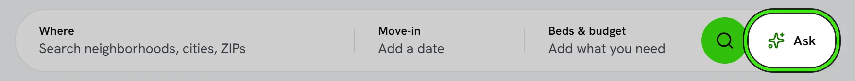 The rental search bar — Where, Move-in, Beds & budget and the search button — with the Ask button at its right-hand end ringed.