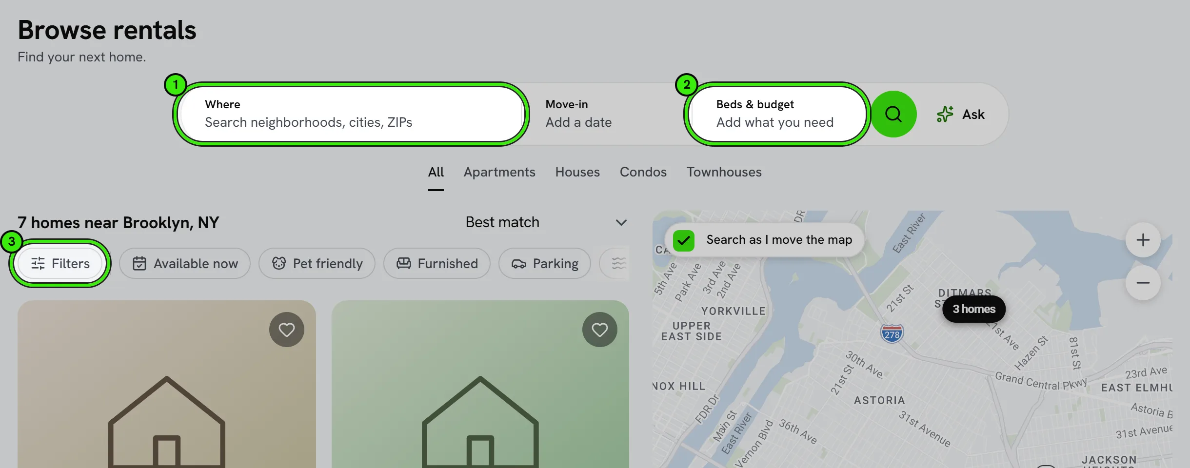 Browse rentals: a search bar with Where, Move-in and Beds & budget, then the home-type tabs, the sort, and a row of filters — Filters, Available now, Pet friendly, Furnished, Parking, Pool and Laundry. Where, Beds & budget and Filters are ringed and numbered 1 to 3.