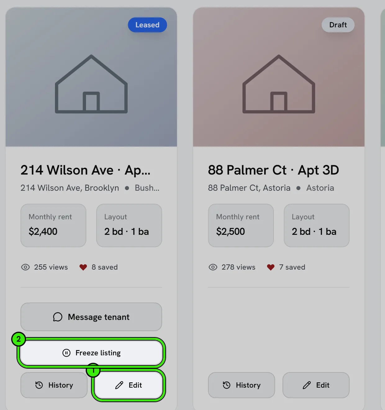 Two listing cards in the portfolio. On the first, for 214 Wilson Ave, Apt 4B, the Edit button is ringed and numbered 1 and Freeze listing is ringed and numbered 2.