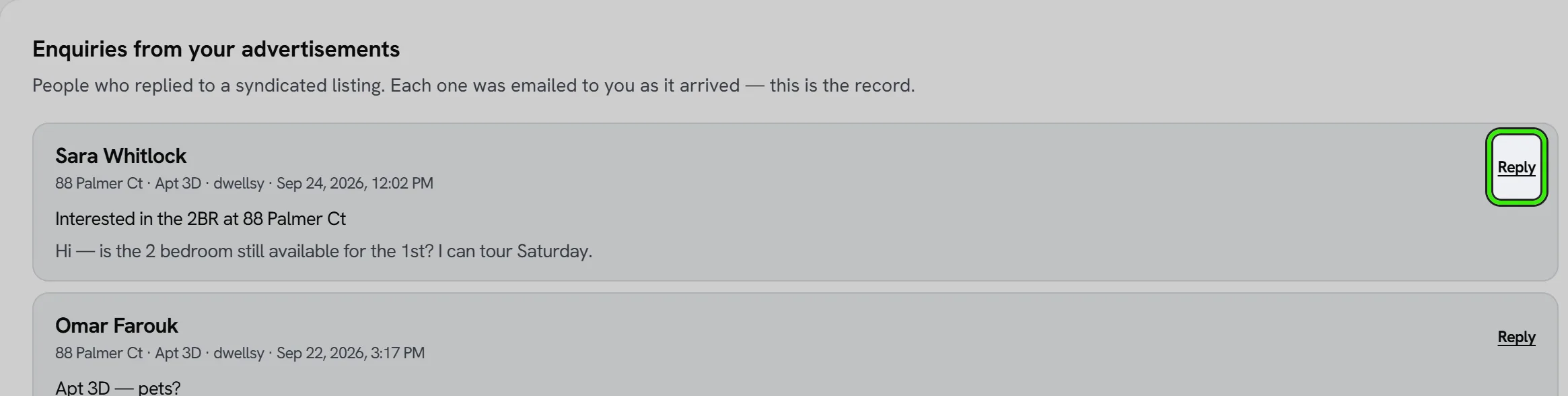 Inquiries from your advertisements on the Listing distribution page: people who answered a syndicated advertisement, which listing they asked about and what they wrote, with a Reply button beside each and the first one ringed.