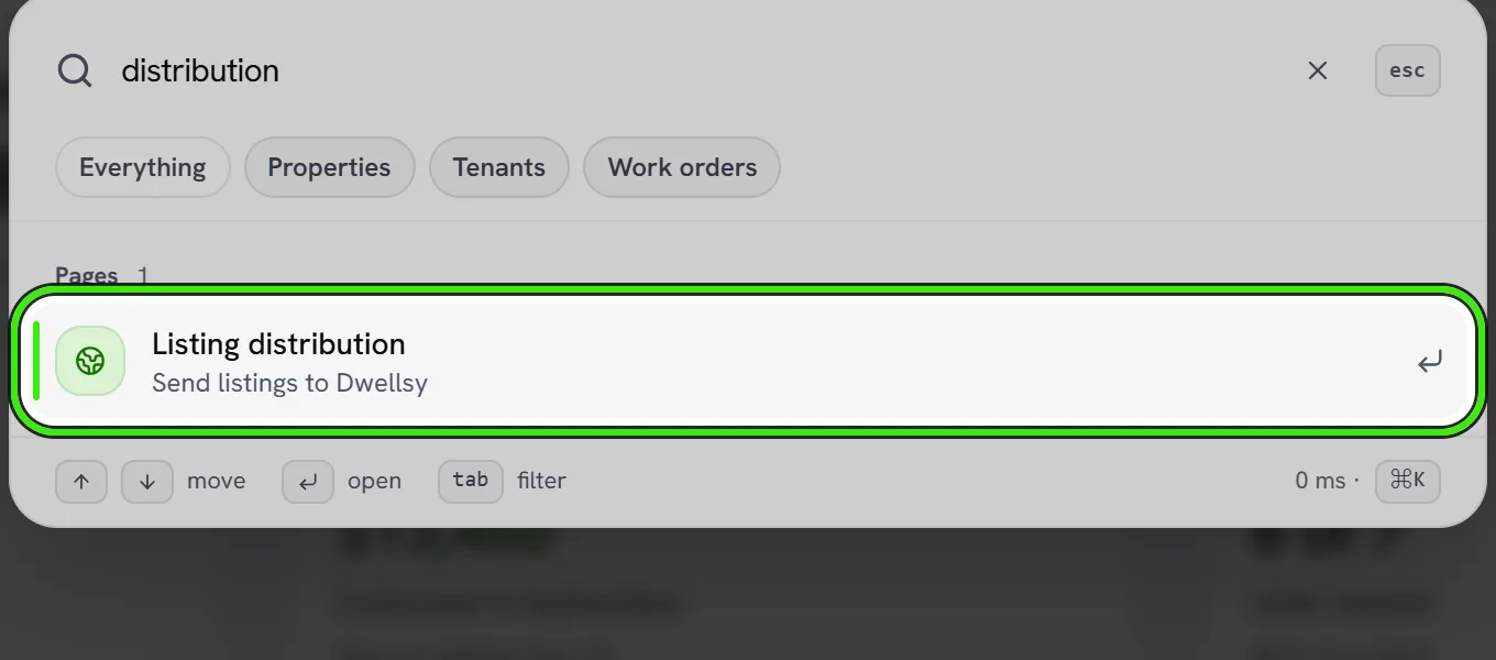The search panel open over the dashboard with “distribution” typed, and the Listing distribution page — send listings to Dwellsy — ringed in the results.