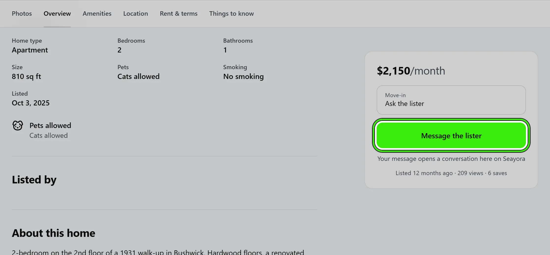 A listing page for 214 Wilson Ave, Apt 2A, with the rent card on the right and its Message the lister button ringed.