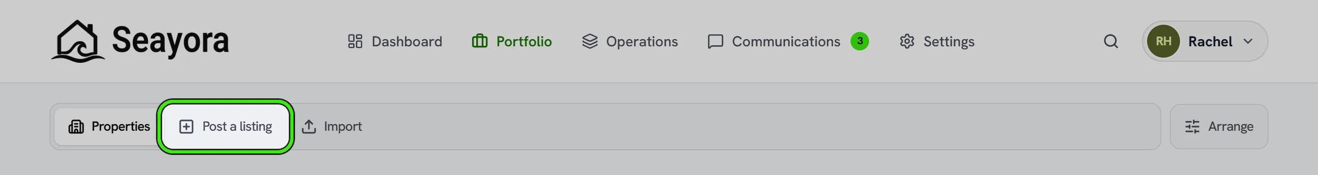 The Portfolio tab with its section strip — Properties, Post a listing and Import — and Post a listing ringed.