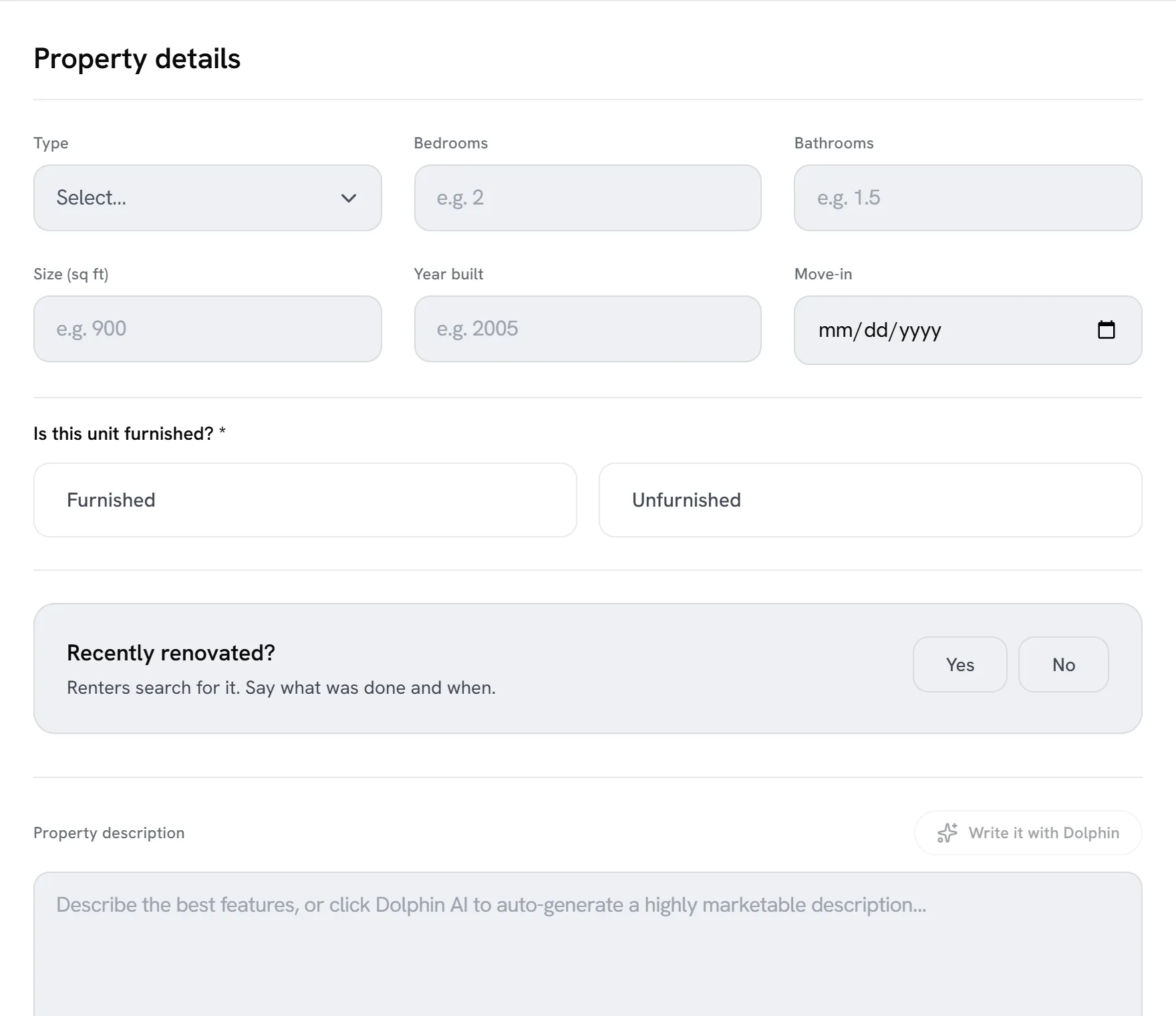 The Property details section of the listing form: property type, bedrooms, bathrooms, size, year built and move-in date, furnished or unfurnished, whether it was recently renovated, and the description box with a “Write it with Dolphin” button.
